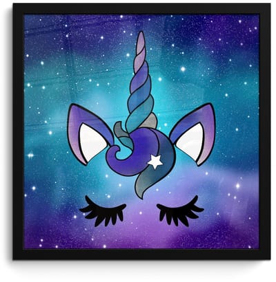 Poster in lijst - Fotolijst 40x40 cm - Posters - Eenhoorn - Sterrenhemel - Ster - Blauw - Posterlijst zwart - Decoratie - Wanddecoratie woonkamer - Muurdecoratie slaapkamer