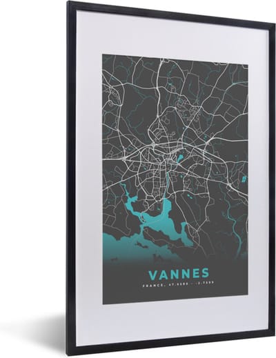 Fotolijst incl. Poster - Plattegrond - Kaart - Stadskaart - Vannes - Frankrijk - 40x60 cm - Posterlijst