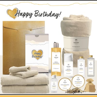 Geschenkset “Happy Birthday!” - 13 producten - 2000 gram | Triomf Original Geel - Giftset voor haar Cadeau Valentijnsdag Luxe wellness cadeaubox Vrouw Ik hou van jou Cadeaupakket Kerst Geschenk Moeder Verjaardag Gift Set Valentijn Vriendin Beige