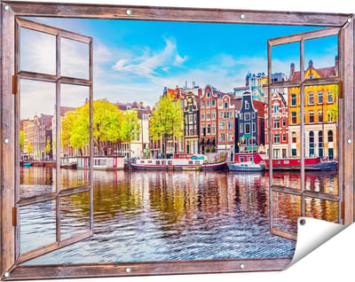 Gards Tuinposter Doorkijk Amsterdamse Huisjes aan het Water - 120x80 cm - Tuindoek - Tuindecoratie - Wanddecoratie buiten - Tuinschilderij