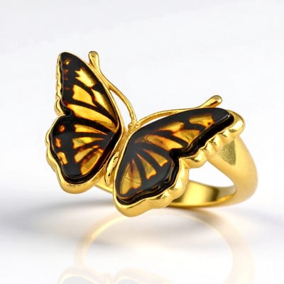 Cavill - Zilveren Ring met 2 Fancy Geslepen Baltische Barnsteen 1 2 ct - 925 Sterling Zilver Verguld - Vlindermotief - Elegante Sieraden