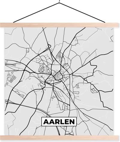 Posterhanger incl. Poster 40x40 cm - Schoolplaat - Stadskaart – Plattegrond – België – Zwart Wit – Aarlen – Kaart - Textielposter - Blanke latten - Stadskaart