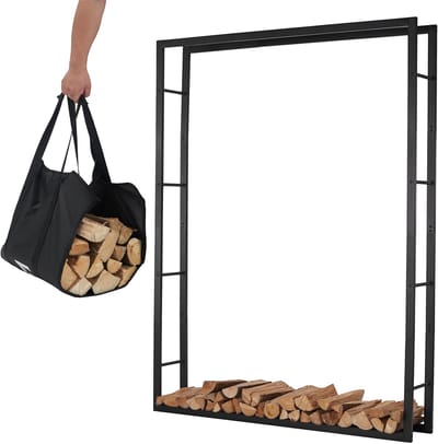 Lendo Online brandhoutrek 148x25x196cm + draagtas– Binnen en buiten -haardhout opslag – haardhoutrek – houtopslag – zwart - metaal