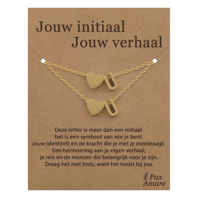 Letter U ketting + armband set op Cadeau Kaartje - Jouw initiaal, jouw verhaal - Goudkleurig Stainless Steel - Initiaal & Hartje Hanger - Pax Amare