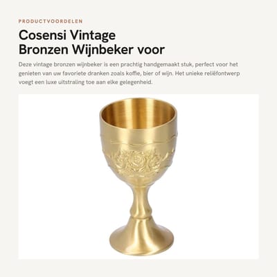 Dailygoods- Wijnbeker Vintage - Handgemaakte Koperen Kelk - Antislip - Retro-Chique Stijl - Milieuvriendelijk Messing - Geschikt voor Whisky/Wijn - Chalice