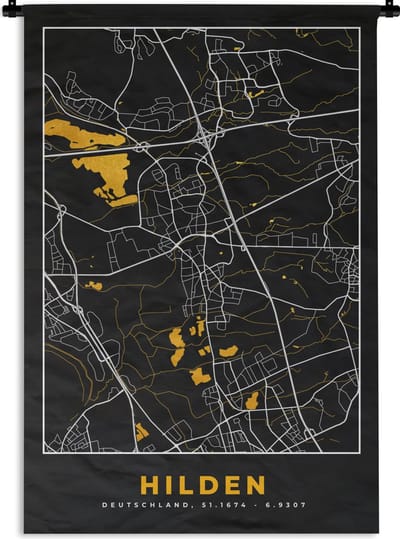 Wandkleed - Wanddoek - Duitsland – Black and Gold – Hilden – Stadskaart – Kaart – Plattegrond - 120x180 cm - Wandtapijt