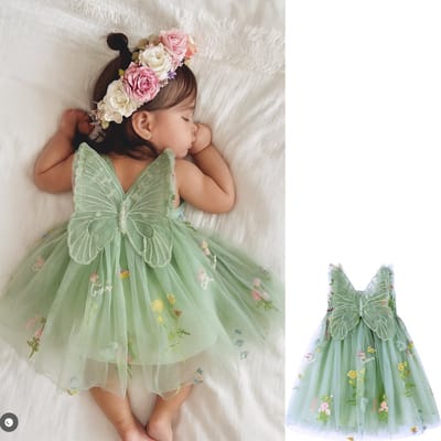 Joya Kids® Baby Meisjes Prinsessenjurk met Vlinders en Bloemen | Feeën Tule Feestjurk zonder Mouwen voor Verjaardag, Bruiloft, Doop of Fotoshoot | Baby Foto Outfit | Photoshoot Peuter | Groen | Maat 80