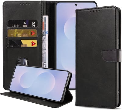 Geschikt voor Samsung Galaxy S25 Edge Telefoonhoesje Kunstleer met Magnetisch lipje en Pasjeshouder Book Case met Klepje - Walletcase with Cardslot - Zwart - Smartphonica geschikt voor Samsung Galaxy S25 Edge