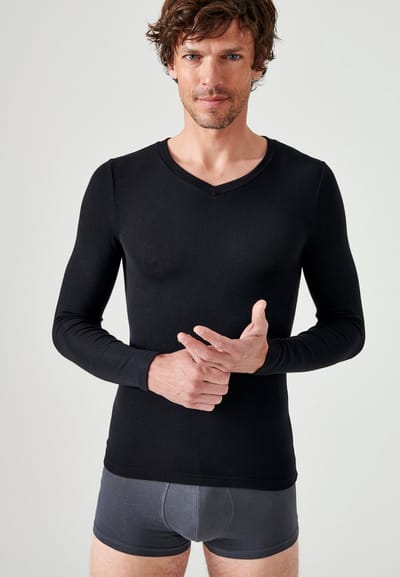 Damart - T-shirt met V-hals en lange mouwen fijn ribgebreid Thermolactyl Sensitive - Heren - Zwart - S