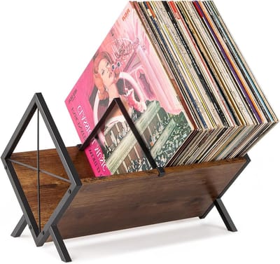 Vinyl Platenopslag Rek voor 80 LP's, Verstelbare Divider, Album Organizer en Tijdschriftenhouder - Bruin Hout