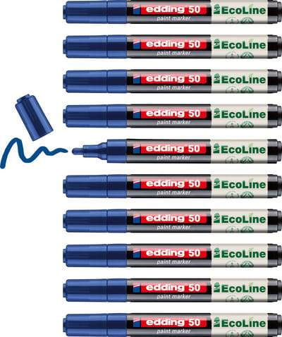 edding 50 EcoLine verfstift op waterbasis blauw 10 stuks - ronde punt 2-3 mm - lakmarker met laag VOS-gehalte - navulbaar - geschikt voor o.a. gladde, donkere en transparante oppervlaktes