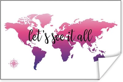 Poster 30x20 cm - Wereldkaart - Roze - Kompas - Posters - Kamer decoratie - Wanddecoratie woonkamer - Muurdecoratie slaapkamer