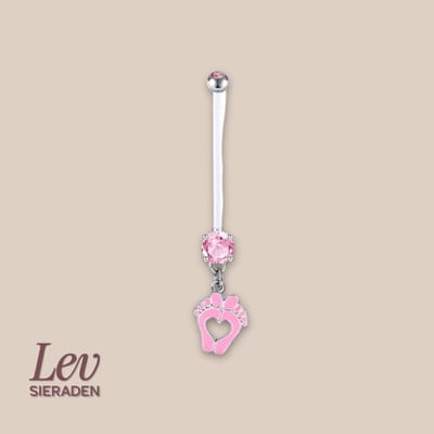 Lev Sieraden - 1.6x38mm zwangerschaps piercing - Double jewelled pink zirkonia en enamel baby voetjes hanger - UV acryl piercing - PTFE/Bioplast/Bioflex