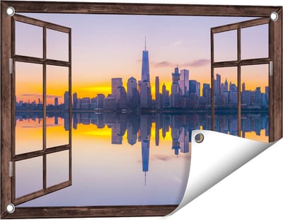 Gards Tuinposter Doorkijk New York Skyline bij Zonsopgang - 60x40 cm - Tuindoek - Tuindecoratie - Wanddecoratie buiten - Tuinschilderij