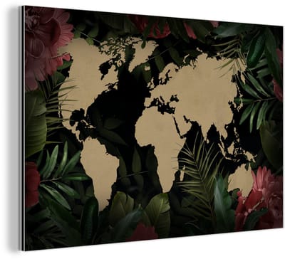 Aluminium schilderij 150x100 cm - Wanddecoratie metaal - Wereldkaart - Bloemen - Tropische Planten - Metalen muurdecoratie woonkamer - Decoratie industrieel - Foto op dibond - Industriële accessoires slaapkamer
