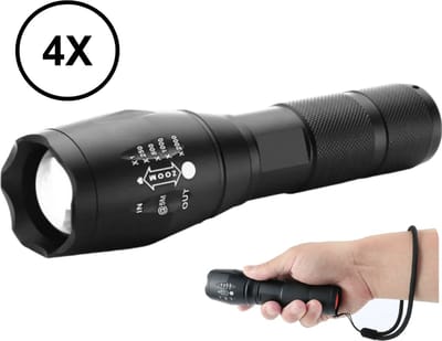 4x PD® - Zaklamp - Militaire zaklamp - tactisch - 4 stuks - Zaklamp Led - 5 zoom functies - zwart - led technologie - COB LED - schokbestendig
