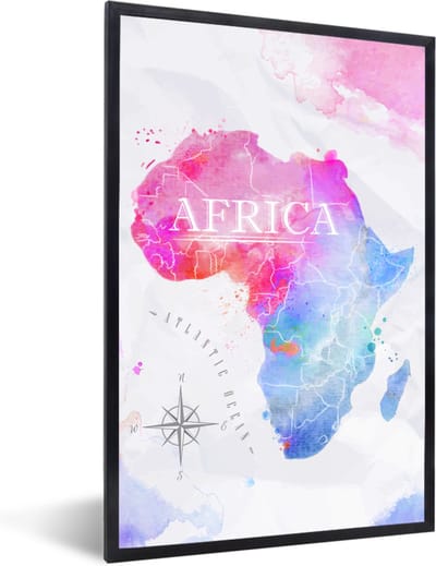 Poster in lijst - Fotolijst 80x120 cm - Posters - Waterverf - Wereldkaart - Afrika - Posterlijst zwart - Decoratie - Wanddecoratie woonkamer - Muurdecoratie slaapkamer