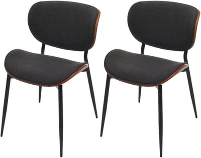 Set van 2 eetkamerstoelen MCW-O45, gebogen hout stof (370g/m²) Oeko-Tex MVG-gecertificeerd ~ walnoot look, donkergrijs