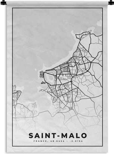 Wandkleed - Wanddoek - Saint-Malo - Kaart – Plattegrond – Frankrijk – Stadskaart - Zwart wit - 120x180 cm - Wandtapijt