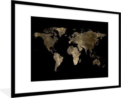 Poster in lijst - Fotolijst 90x60 cm - Posters - Wereldkaart - Goud - Zwart - Aarde - Luxe - Posterlijst zwart - Decoratie - Wanddecoratie woonkamer - Muurdecoratie slaapkamer