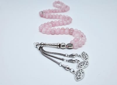 Handgemaakte tesbih "Tasbih" natuursteen "Roze kwartz" - Aantal kralen 99 - Diameter kralen 8MM - met metaal tassel "Ogen" - Een mooi cadeau-idee