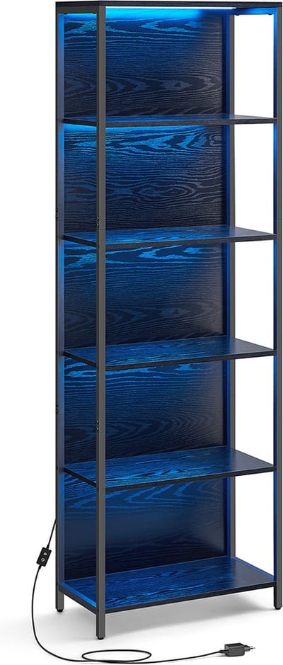 6 –laags Boekenkast LED Verlichting 30.3X40X178.6 LED-lampjes 25 kleuren 6 helderheidsniveaus 10 knipperende modi 6 knipperende snelheden + Afstandsbediening unieke Sfeer te Creëren- Ebony Black 13,4 kg/17,8 kg Laadvermogen 231 kg- Per Plank 38,5 kg