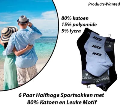 6 Paar Halfhoge Sportsokken met 80% Katoen en Leuke Motif 39-42 Zwart