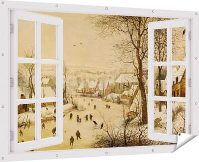 Gards Tuinposter Doorkijk Winterlandschap met Schaatsers en Vogelknip - Pieter Bruegel de Oude - 180x120 cm - Tuindoek - Tuindecoratie - Wanddecoratie buiten - Tuinschilderij