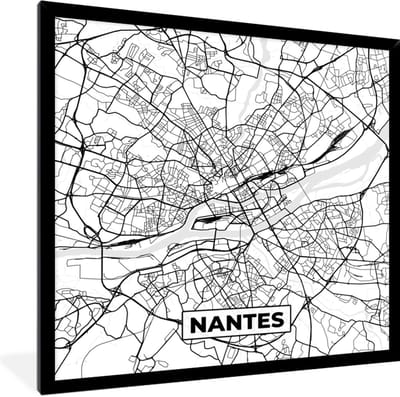 Fotolijst incl. Poster Zwart Wit- Plattegrond - Nantes - Kaart - Frankrijk - Stadskaart - Zwart wit - 40x40 cm - Posterlijst