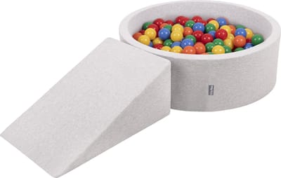 KiddyMoon Speeltoestel met Ramp Ballenbad - 7cm 100 Ballen - Ballenbak ballen voor baby's - Ballenbak voor kinderen - Hindernisbanen - Speelbad - Lichtgrijs: Geel Groen Blauw Rood Oranje