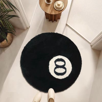 8-ball flocked zwart-wit vloerkleed - antislip en wasbaar - zacht rond vloerkleed geschikt voor woonkamer, eetkamer en slaapkamer (80cm)