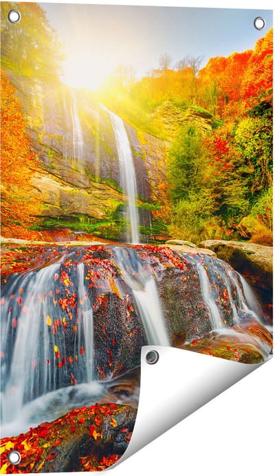Gards Tuinposter Waterval in de Herfst Kleuren - 40x60 cm - Tuindoek - Tuindecoratie - Wanddecoratie buiten - Tuinschilderij
