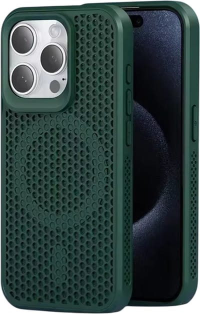 Koelend Telefoonhoesje geschikt voor iPhone 17 – Ademend Hardcase Telefoon Case, Warmteafvoer, Anti-Oververhitting & Beschermend Design-Donkergroen