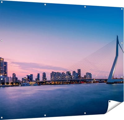 Gards Tuinposter Erasmusbrug in Rotterdam met Zonsondergang - 150x120 cm - Tuindoek - Tuindecoratie - Wanddecoratie buiten - Tuinschilderij