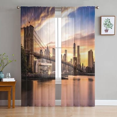 Brooklyn Bridge bij zonsondergang gezien vanuit Brooklyn Bridge Park Tule transparante gordijnen voor woonkamer huisdecoratie voile organza gordijn 135W x 114H(cm)