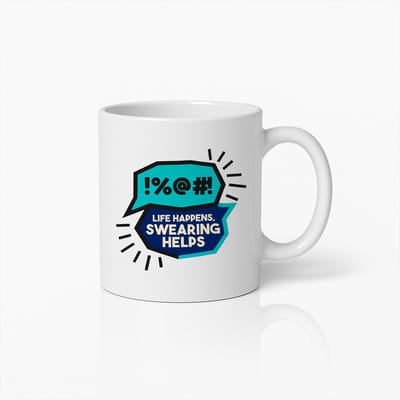 Life Happens Swearing Helps Mok 330ml – Grappige Quote Koffiebeker met Blauwe Spreekwolk Ontwerp – Perfect Cadeau voor Vrienden, Collega’s & Stressverlichting