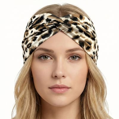Beige bruine haarband dames – elastische brede haarband – stoffen haar accessoire met panterprint – modieuze en comfortabele stijl