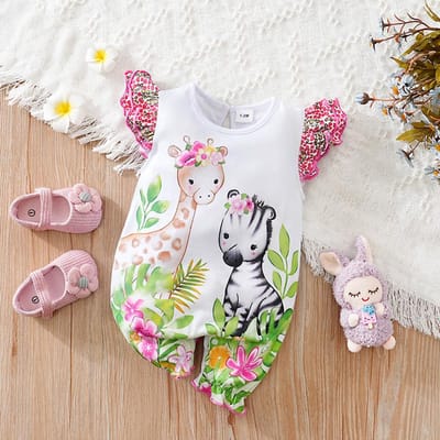 Vêtements pour nouveau-né Mignon Cerf à pois dessin animé Confortable Doux Fille Été Manches volantes Combinaison pour bébé 3-6M beige