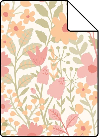 Proefstaal ESTAhome behang bloemetjes roze, groen en oranje - 26.5 x 21 cm - 131939-S