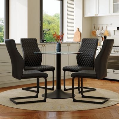 MODENUIT Eettafelset Rond 85 cm - 4 Stoelen Met Hoge Rugleuning En Ruitstiksel - Voor Eethoek - Glas - Zwart
