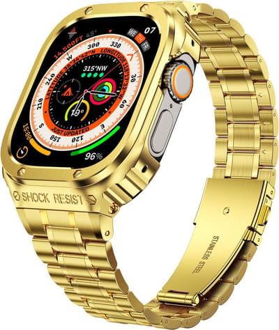 Titanium bandje - geschikt voor Apple Watch Ultra/ Ultra 2 / Ultra 3 - met ingebouwde watch case - hoesje - 49 mm - goud