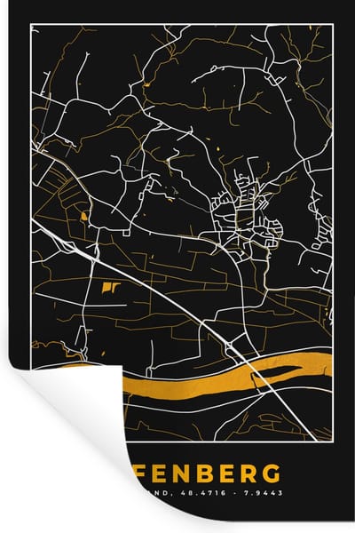 Muurstickers - Sticker Folie - Duitsland – Black and Gold – Offenberg – Stadskaart – Kaart – Plattegrond - 20x30 cm - Plakfolie - Muurstickers Kinderkamer - Zelfklevend Behang - Zelfklevend behangpapier - Stickerfolie