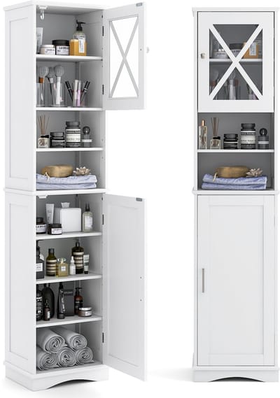 COSTWAY Smal, vrijstaande hoge kast met 5 verstelbare planken en 2 deuren, badkamerkast voor badkamer, woonkamer, 40 x 30 x 170,5 cm