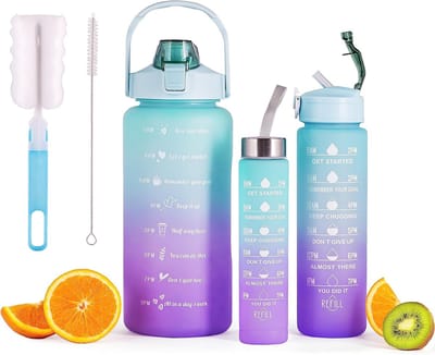 3 x Drinkfles 2 L + 900 ml + 500 ml met rietje Waterfles Motivatie Tijdmarkering Lekvrij voor sport, buiten, kantoor, fitness, kamperen, yoga - BPA-vrij (Blauw/Paarse kleur)