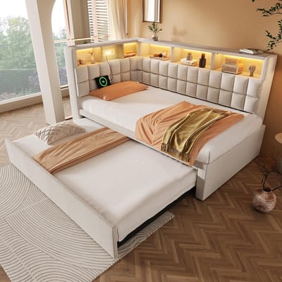 BLACKCOLORS Gestoffeerd bed van linnen 90x200 met uitschuifbaar bed 90x190, led, Bluetooth-luidspreker, USB- en Type-C-oplaadpoort, L-vormig hoofdeinde met opbergplank, slaapbank/extra bed, beige, zonder matras