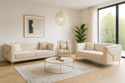 Luxe 3-Zits Banken Set – Beige Textiel – Gouden Details – Inclusief 2 Fauteuils – Klassieke & Moderne Zitmeubelset