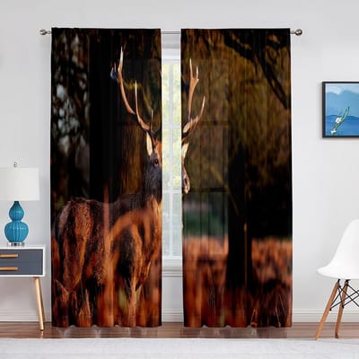 Sika Hert Natuur Herfst Bos Wilde Dieren Transparant Voile Gordijn voor Woonkamer Slaapkamer Keuken Modern Tule Raamdecoratie 1 PCS W100XH250cm&Grommet Top