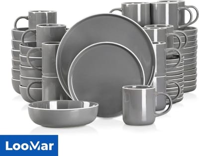 LooMar Serviesset – 48 delig – 12 persoons – Keramiek - Luxe – Bordenset - Koppen - Kommen - Grijs - Witte Rand