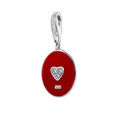 Quiges – 925 - Zilver – Charm - Bedel - Hanger - 3D Rode Ovaal met Zirkonia Hartje - met – sterling - zilver - karabijnslot - geschikt - voor -Bedelarmband HC153