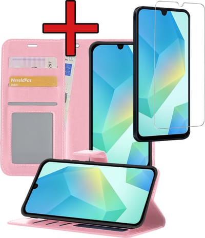 Hoesje - Met Screenprotector - Geschikt voor Samsung Galaxy A16 - Luxe Pasjeshouder - Flipcase - Bookcase Portemonee - Flip Case - Kunstleer Book Case - Book Cover - Walletcase - Portemonneehoes - Telefoonhoes - Lichtroze